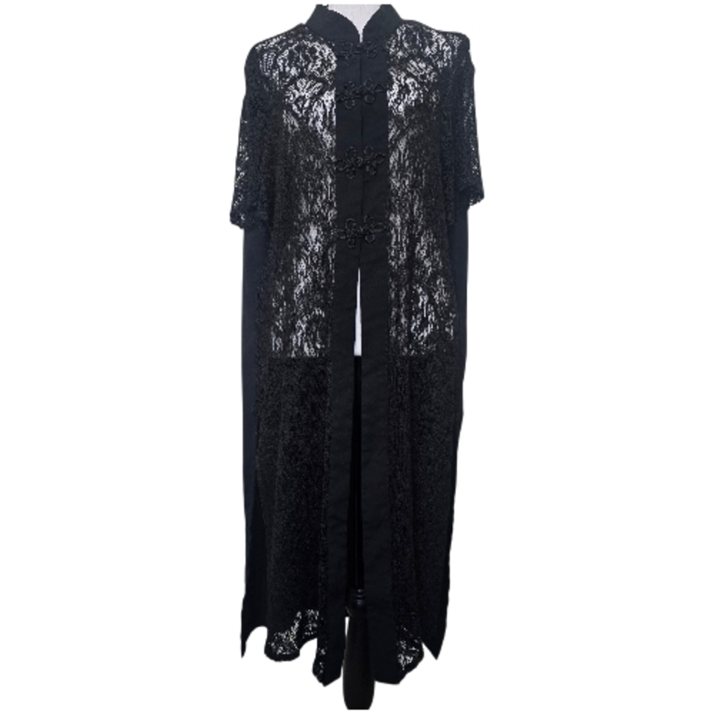 Vintage Sheer Black Lace Duster Cardigan Kimono Whimsigoth Witchy XL Frog Button